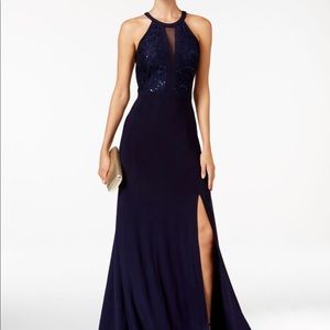 Nightway Navy Blue Lace Halter Gown